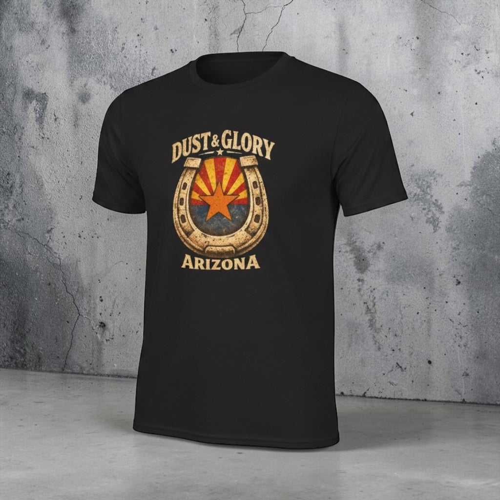 Arizona Dust & Glory Western T-Shirt by Big Sky Ranch Co. featuring horseshoe and campfire design on a comfortable tee.