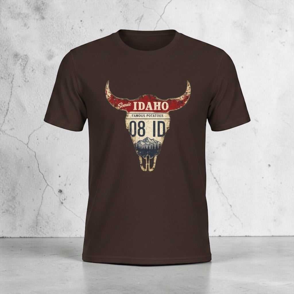 Vintage Idaho Longhorn License Plate T-Shirt by Big Sky Ranch Co., featuring western state pride and classic western design.