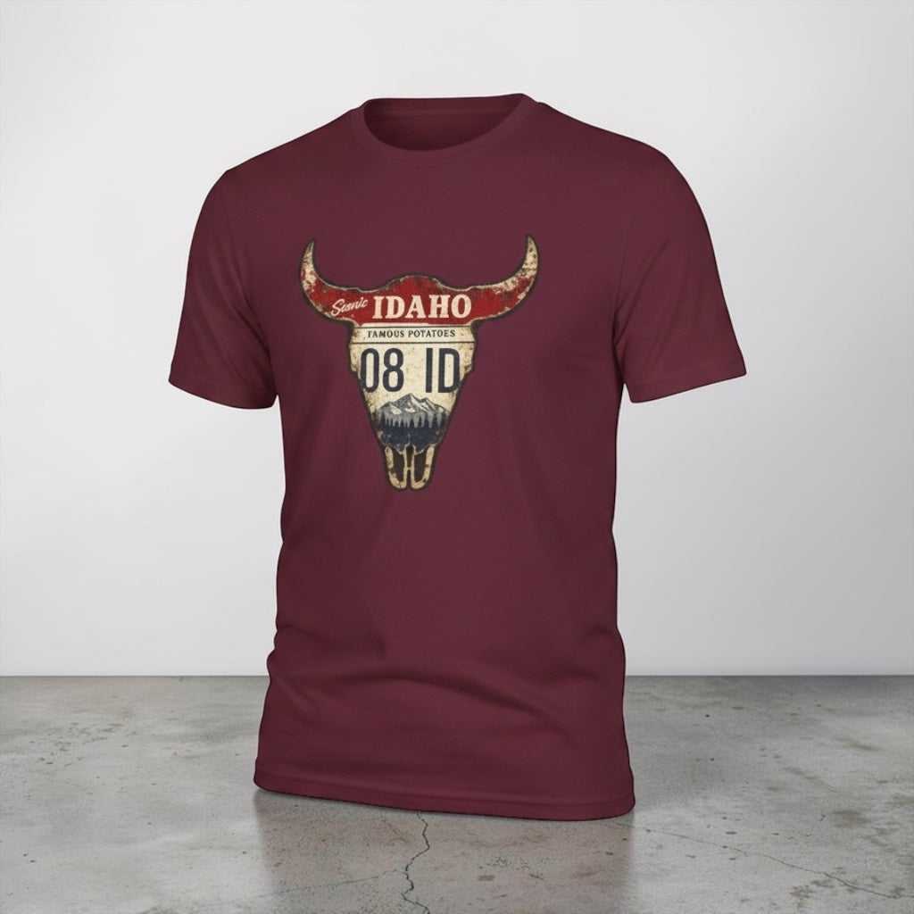 Maroon T-shirt with Idaho license plate Longhorn graphic, vintage western style