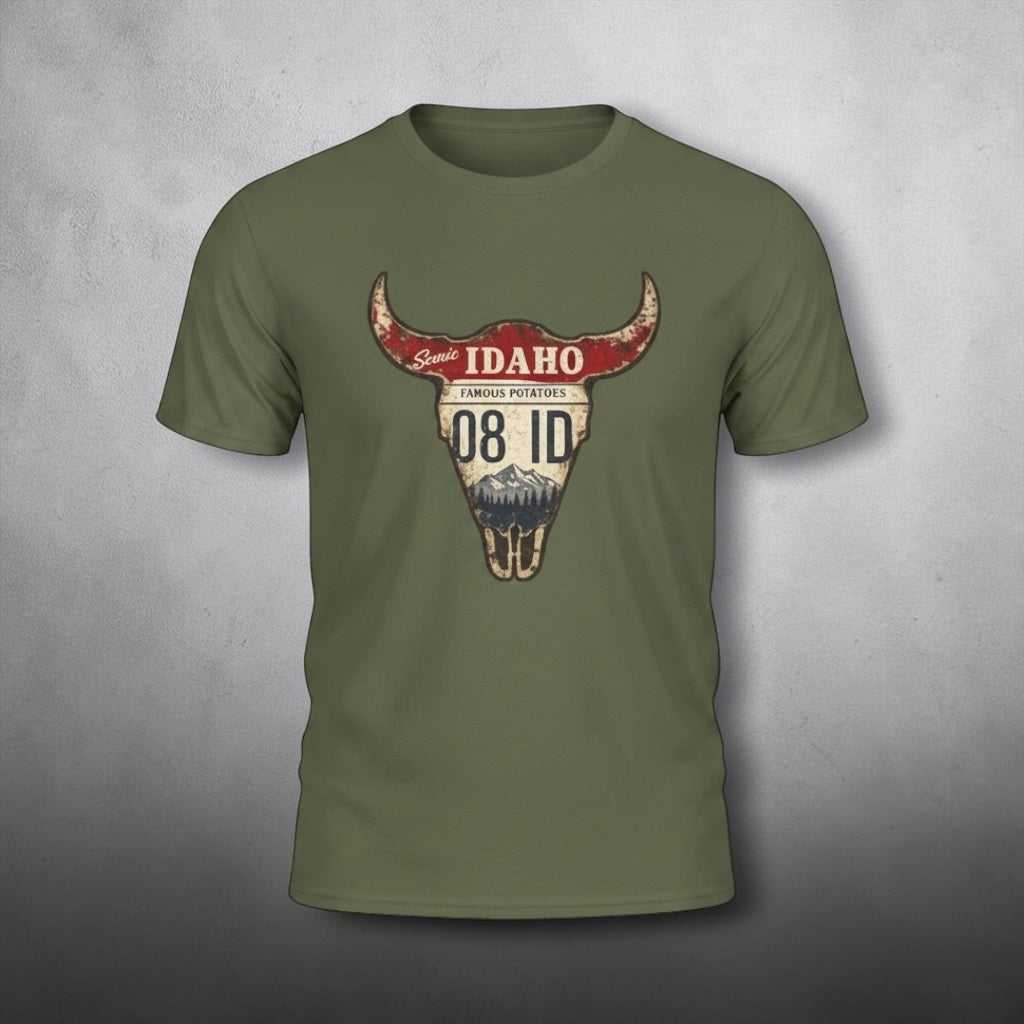 Brown Idaho license plate Longhorn T-Shirt with vintage western graphic