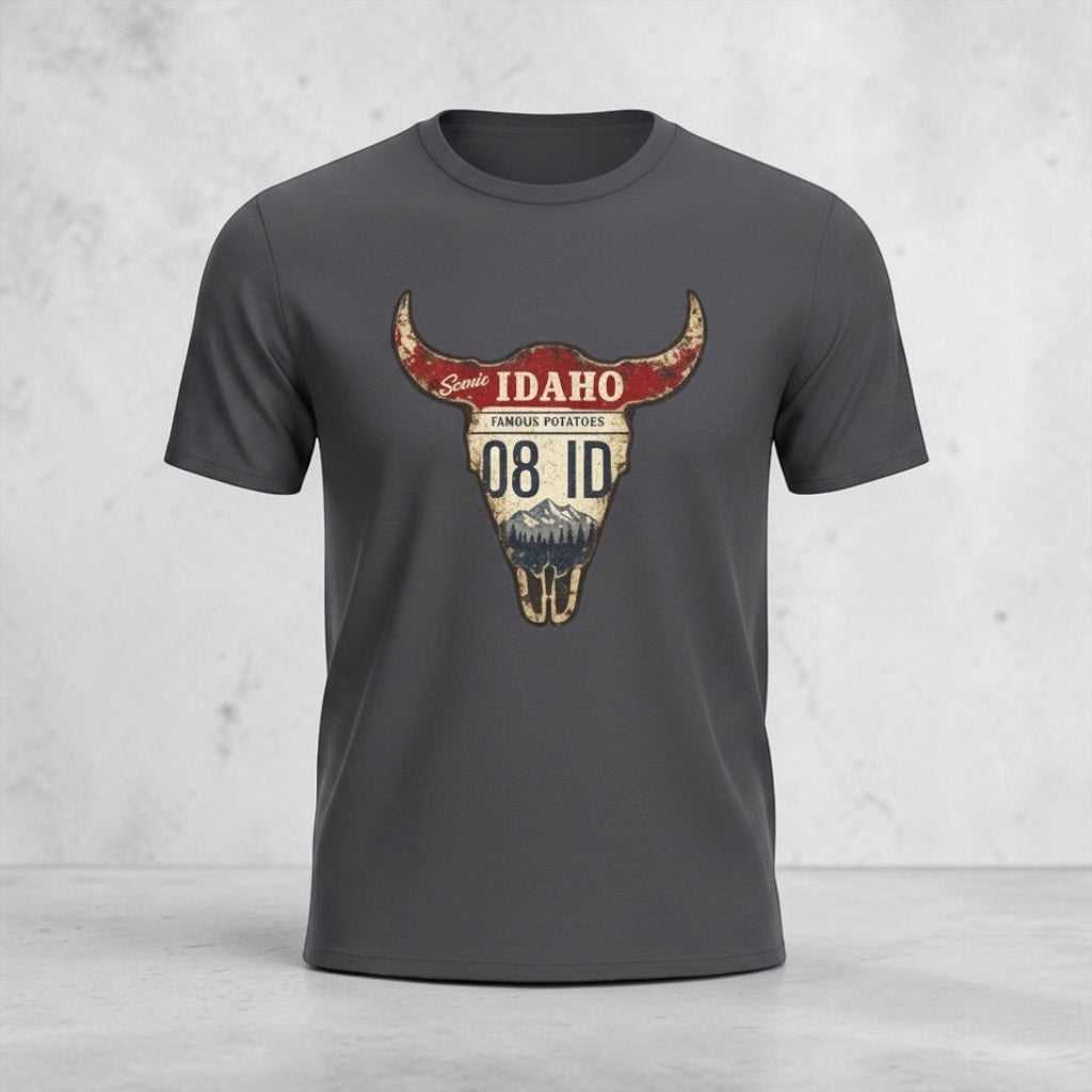 Olive green Idaho license plate Longhorn T-Shirt with vintage western graphic