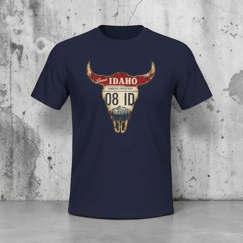 Navy blue Idaho license plate Longhorn T-Shirt with vintage western graphic