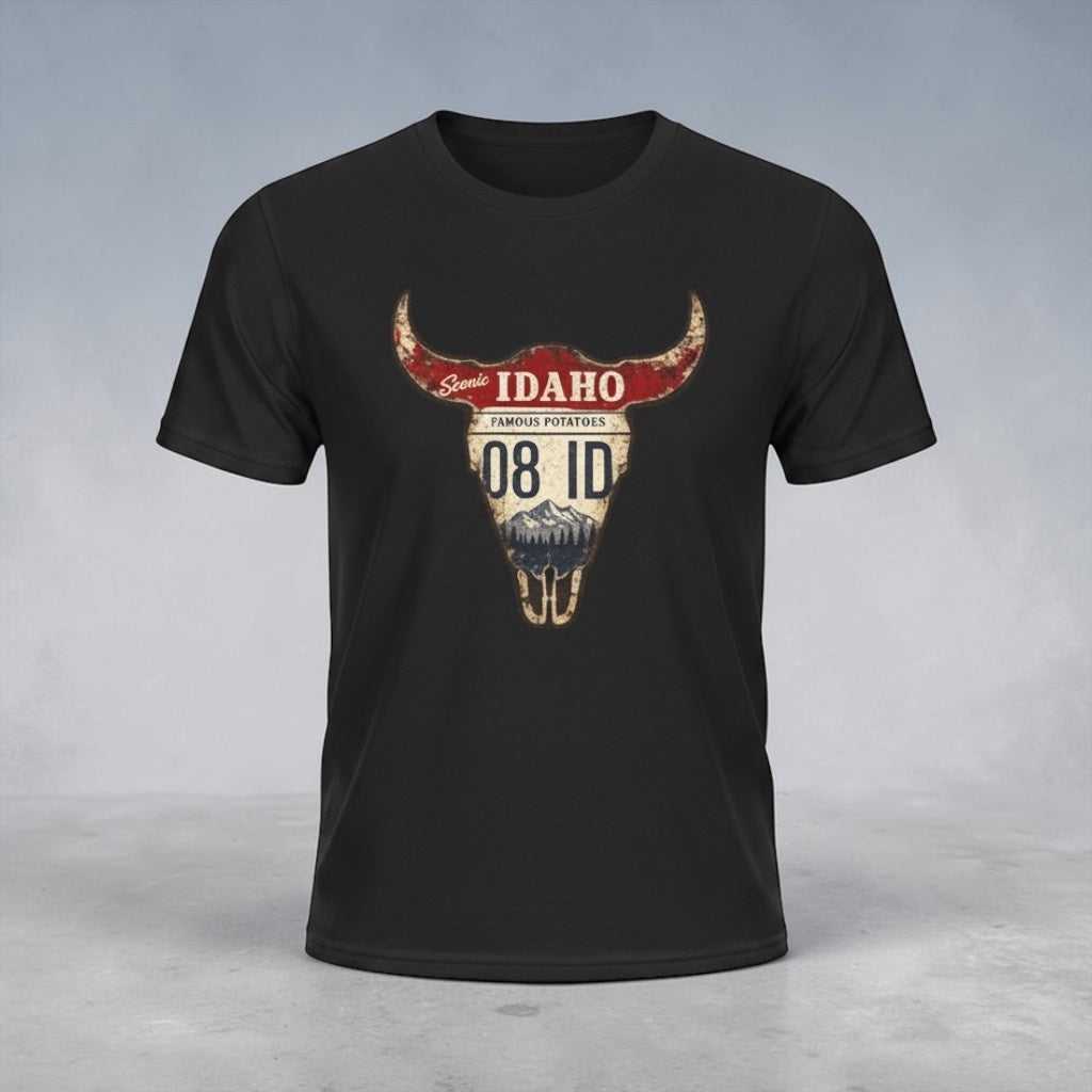 Black Idaho license plate Longhorn T-Shirt with vintage western graphic