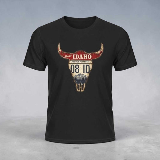 Black Idaho license plate Longhorn T-Shirt with vintage western graphic