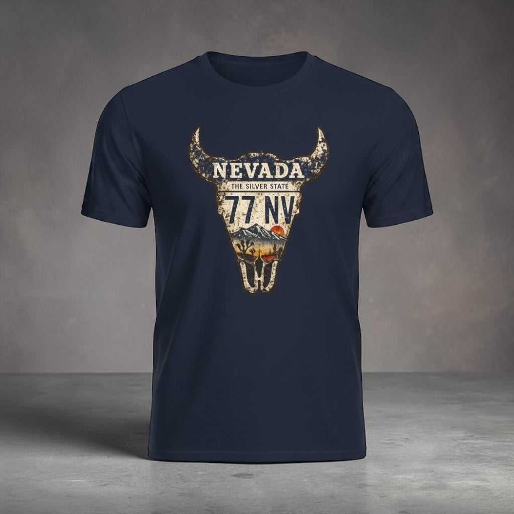 Nevada license plate bull skull graphic T-Shirt with mountain and sunset design