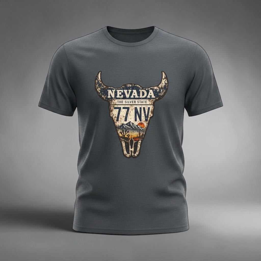 Gray Nevada License Plate Bull Skull T-Shirt with Western Vintage Roadtrip Design