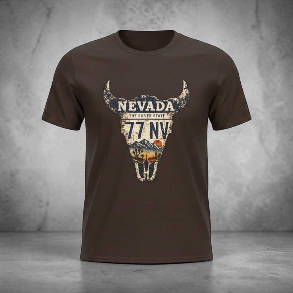 Green Nevada License Plate Bull Skull T-Shirt with Western Vintage Roadtrip Design