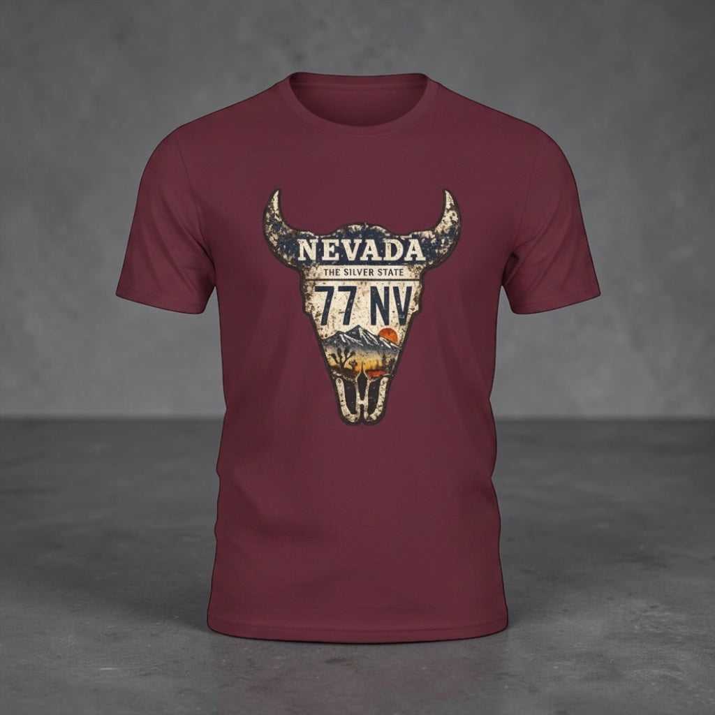 Big Sky Ranch Co. Nevada License Plate Bull Skull Western vintage roadtrip T-shirt, featuring a graphic of a bull skull and license plate design.