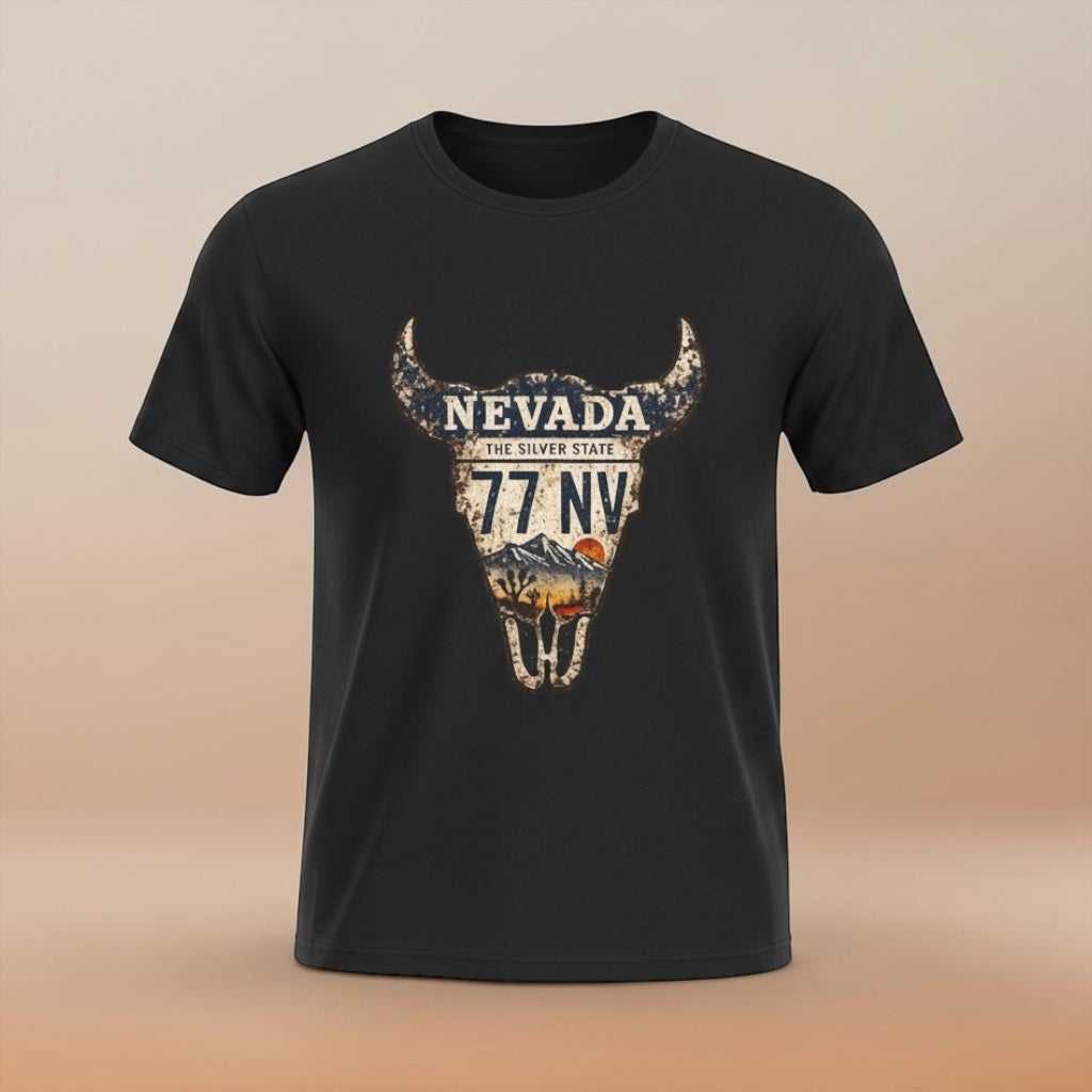 Black Nevada License Plate Bull Skull T-Shirt with Western Vintage Roadtrip Design