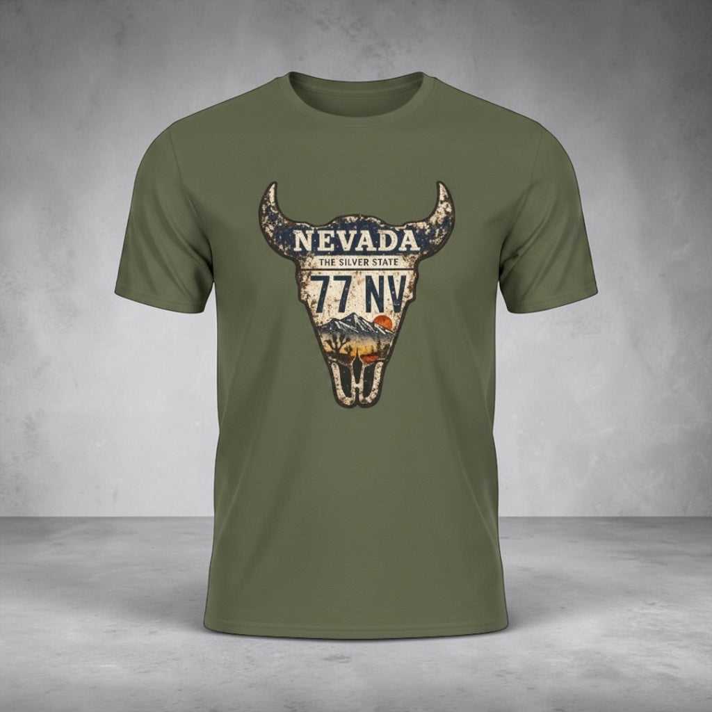 Maroon Nevada License Plate Bull Skull T-Shirt with Western Vintage Roadtrip Design