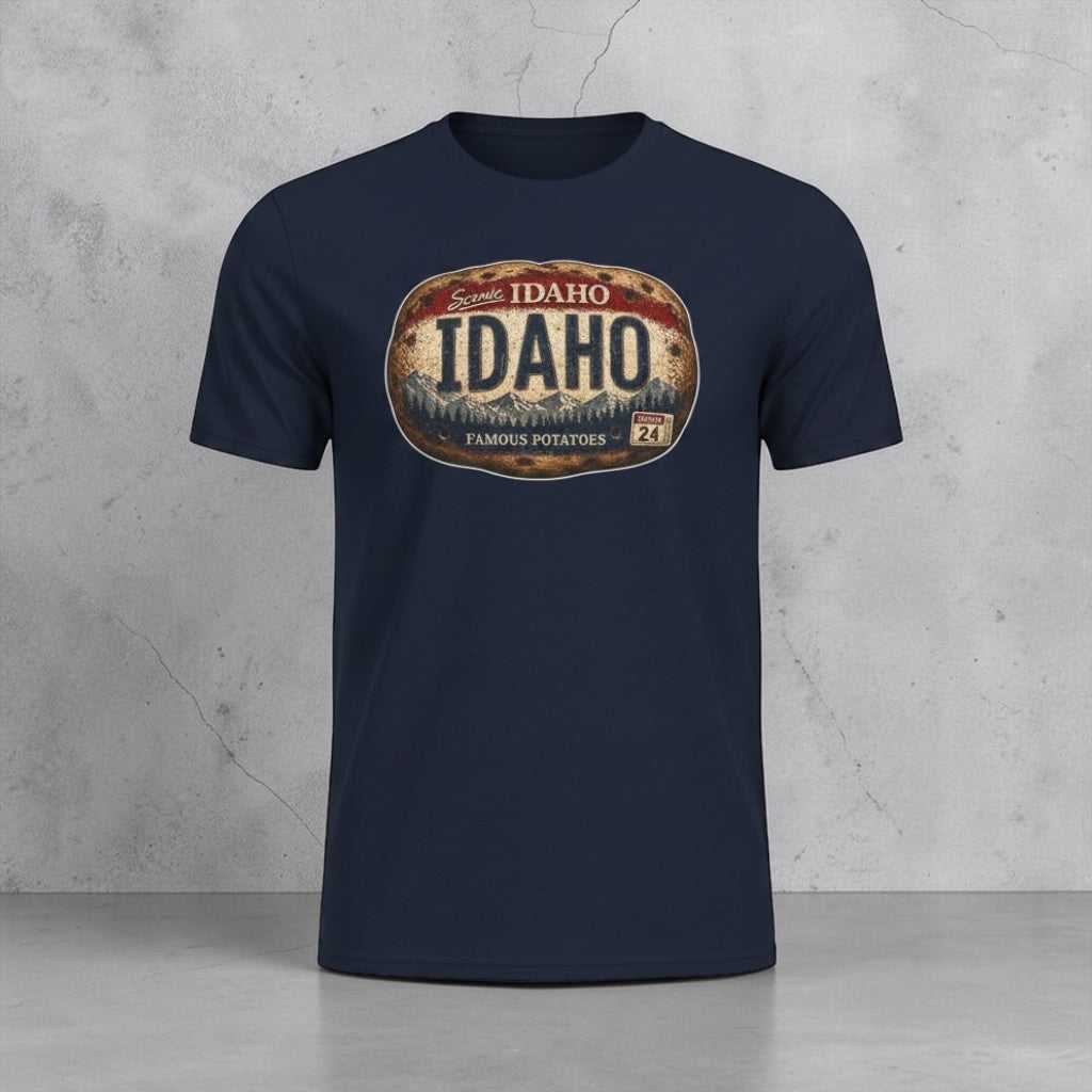 Navy blue vintage Idaho potato license plate T-shirt with weathered Idaho badge and rustic travel theme