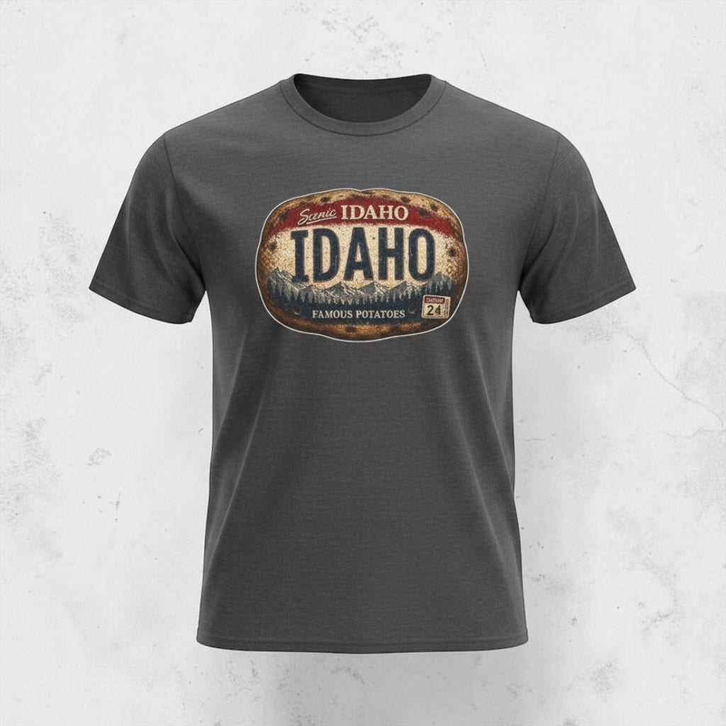 Green vintage Idaho potato license plate T-shirt with weathered Idaho badge and outdoor scenery design