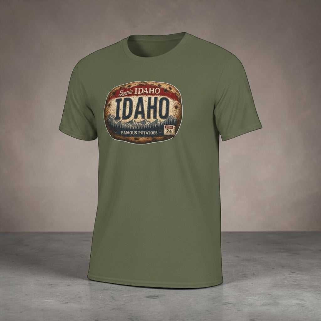 Brown vintage Idaho potato license plate T-shirt with weathered Idaho badge and retro state pride graphic