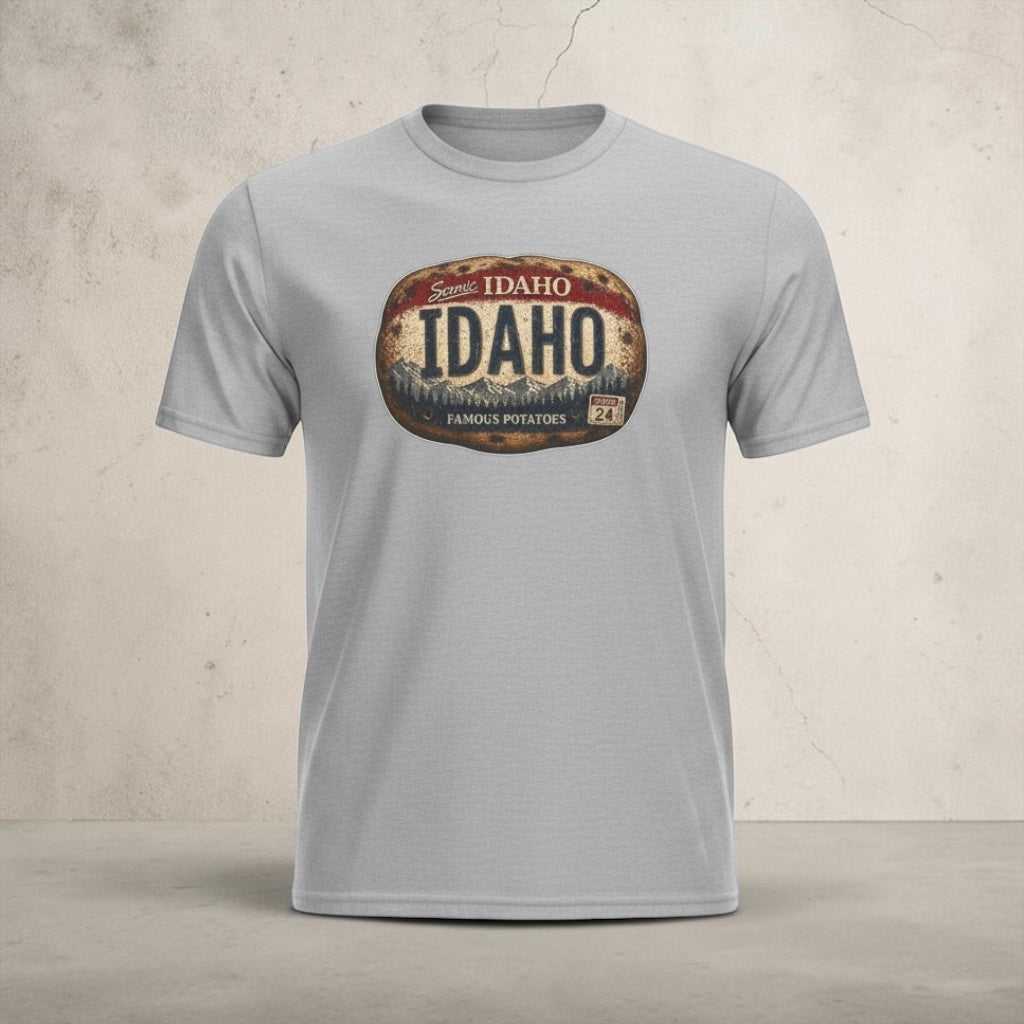 Idaho vintage potato license plate T-shirt with weathered Idaho badge design