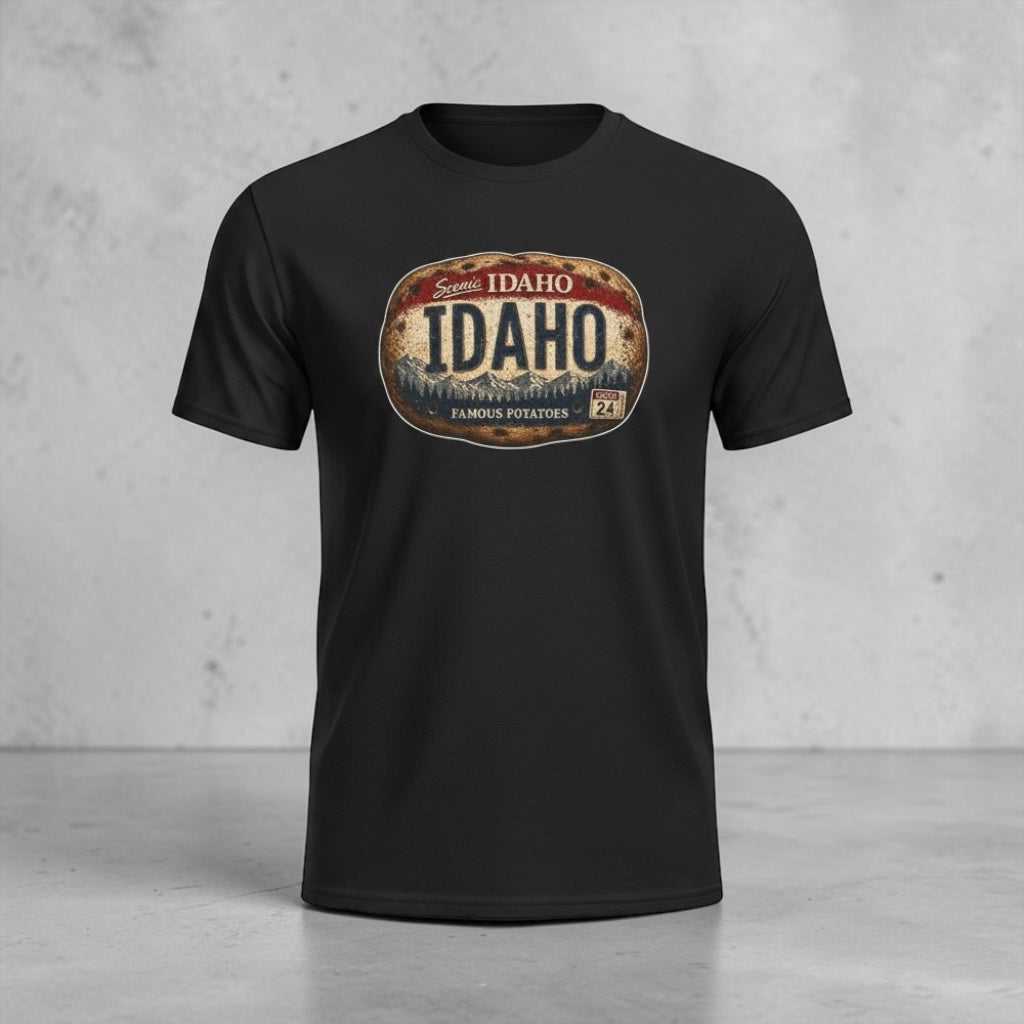 Black vintage Idaho potato license plate T-shirt with weathered Idaho badge and small-town pride design