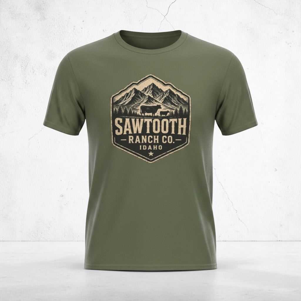 Big Sky Ranch Co. Sawtooth Ranch Idaho T-shirt featuring a vintage mountain logo on soft cotton fabric.