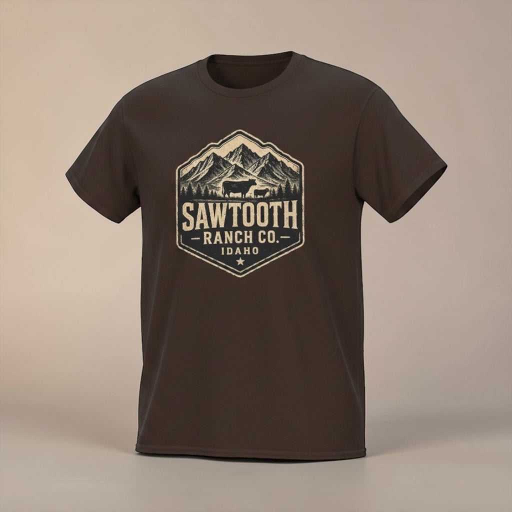 Gray mountain logo T-shirt with Sawtooth Ranch Idaho graphic design