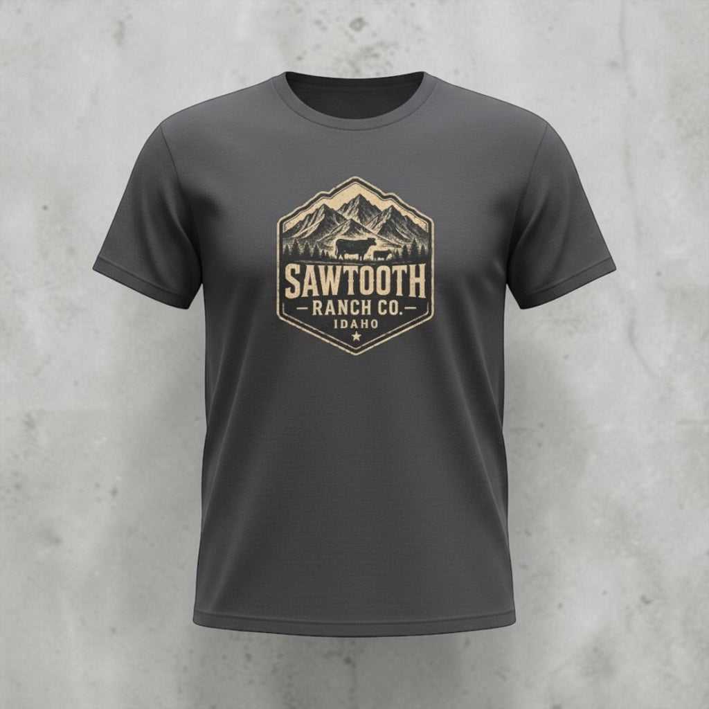 Navy blue vintage mountain logo T-shirt with Sawtooth Ranch Idaho design