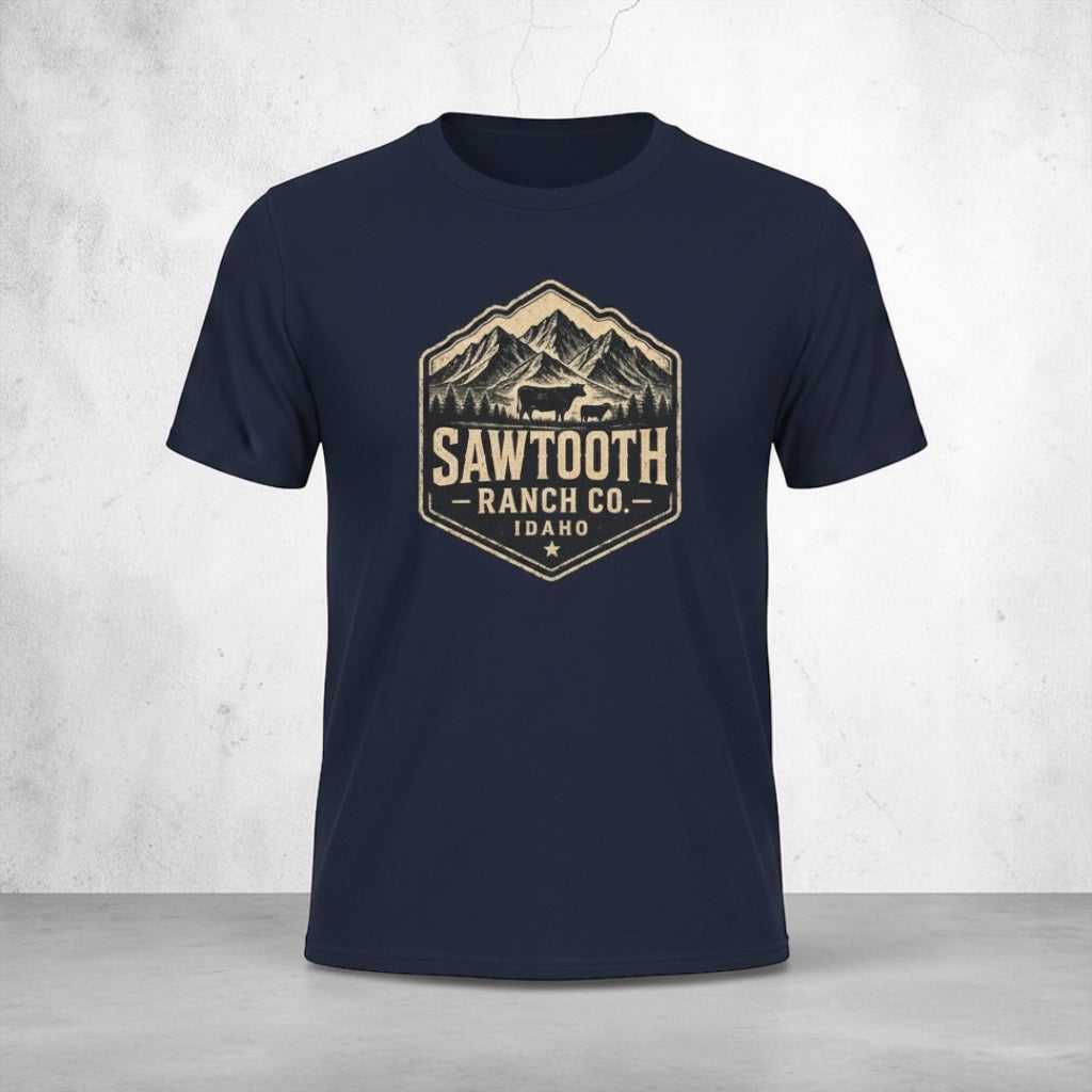 Big Sky Ranch Co. Sawtooth Ranch Idaho T-Shirt featuring a vintage mountain logo on soft cotton fabric.