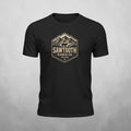 Black vintage mountain logo T-shirt with Sawtooth Ranch Idaho design