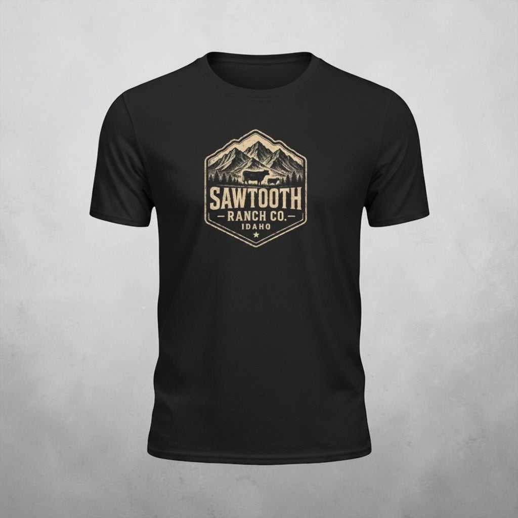Black vintage mountain logo T-shirt with Sawtooth Ranch Idaho design