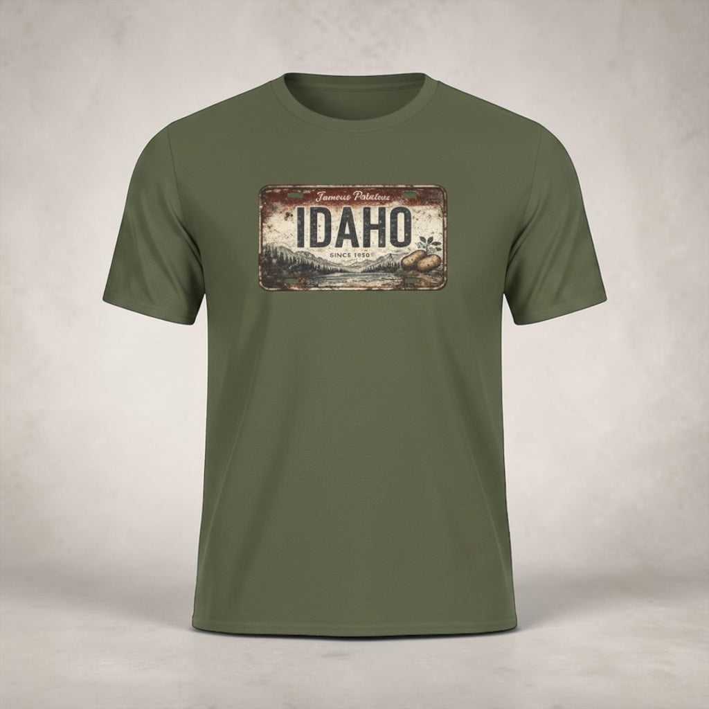 Idaho Rustic License Plate T-Shirt by Big Sky Ranch Co., featuring a vintage-style Idaho license plate graphic on a casual t-shirt.
