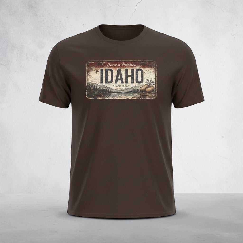 Idaho Rustic License Plate T-Shirt by Big Sky Ranch Co. featuring a vintage-inspired Idaho license plate graphic on a casual tee.