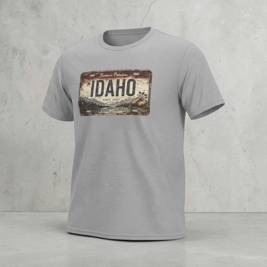 Idaho Rustic License Plate T-Shirt by Big Sky Ranch Co. featuring a vintage-style Idaho license plate graphic on a casual t-shirt.