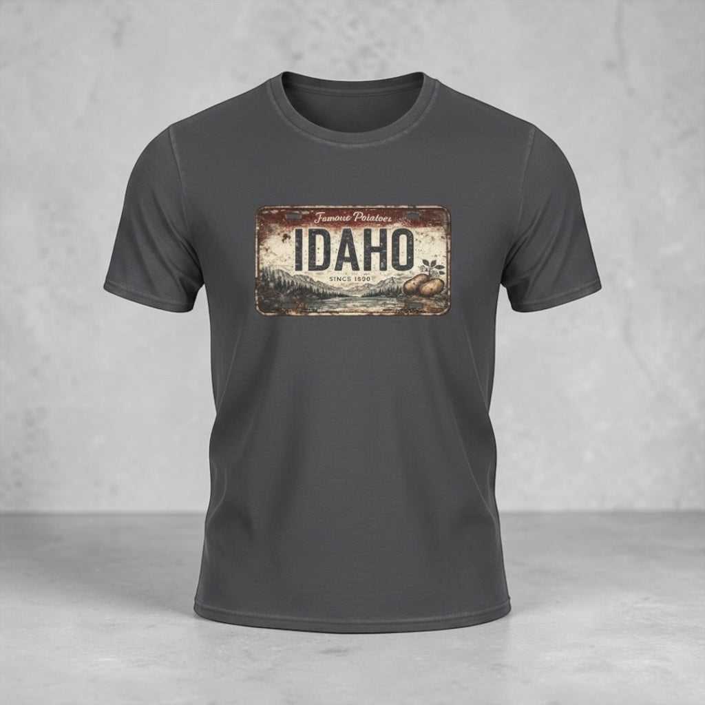Idaho Rustic License Plate T-Shirt by Big Sky Ranch Co. featuring a vintage-inspired license plate graphic on a casual t-shirt.