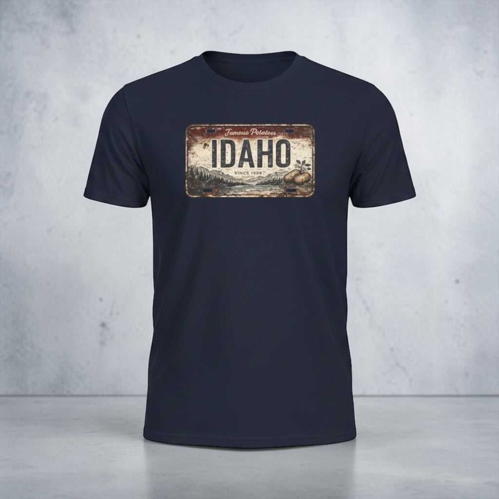 Idaho Rustic License Plate T-Shirt by Big Sky Ranch Co. featuring a vintage-style Idaho license plate design on a casual t-shirt.