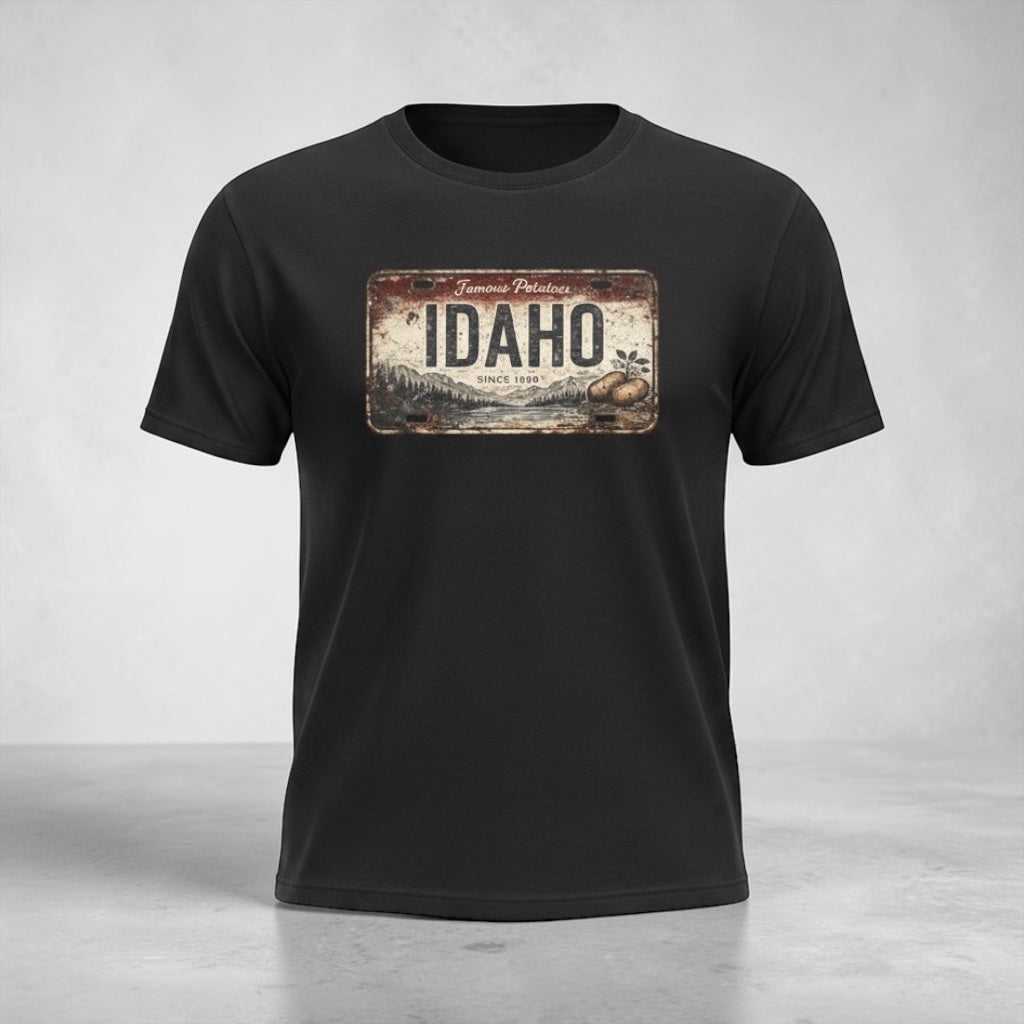 Big Sky Ranch Co. Idaho Rustic License Plate T-Shirt featuring vintage-inspired design on soft fabric.