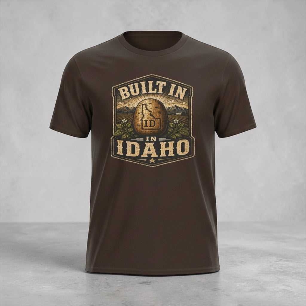 Olive green T-Shirt with vintage Idaho patch design for outdoor and mountain pride
