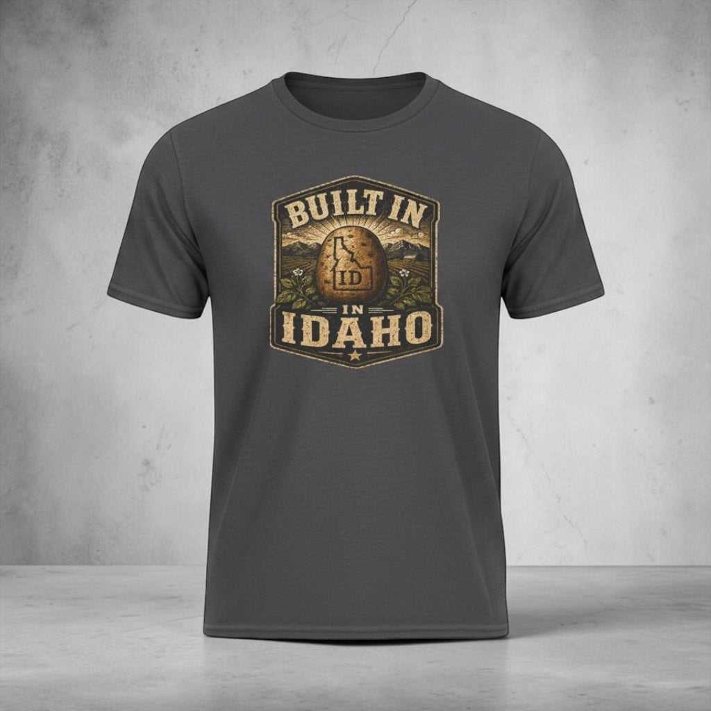 Gray T-Shirt with vintage Idaho patch design for outdoor and mountain pride