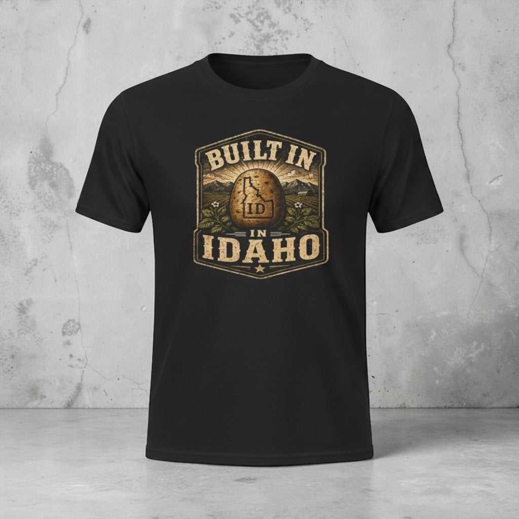 Black T-Shirt with vintage Idaho patch design for outdoor and mountain pride