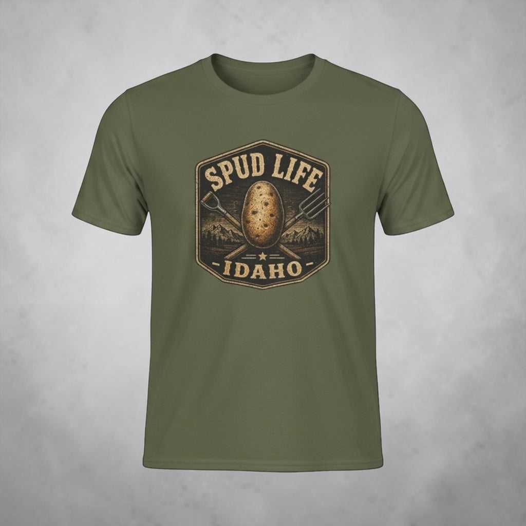 Navy T-Shirt with vintage Idaho potato badge graphic