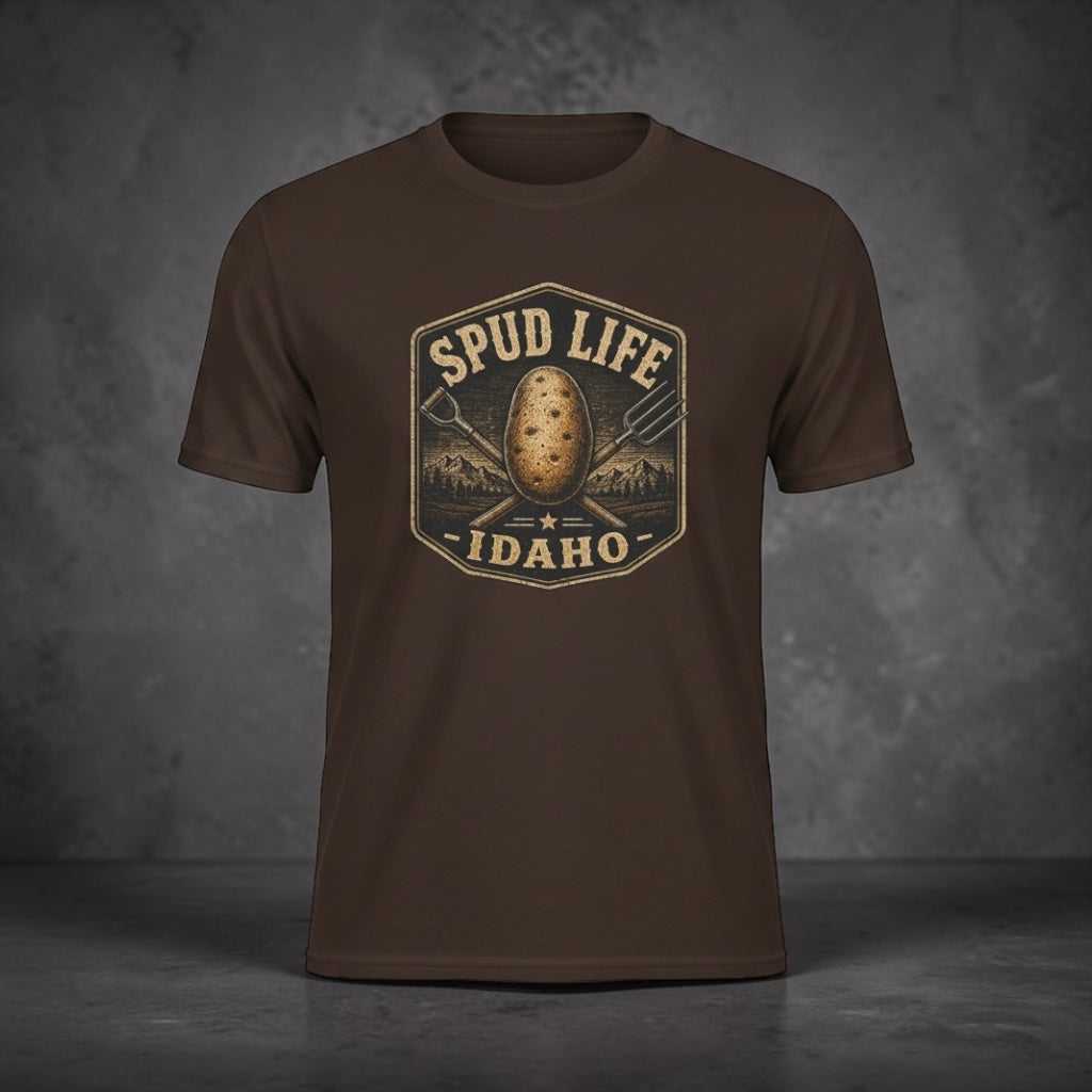 Brown T-Shirt with vintage Idaho potato badge illustration