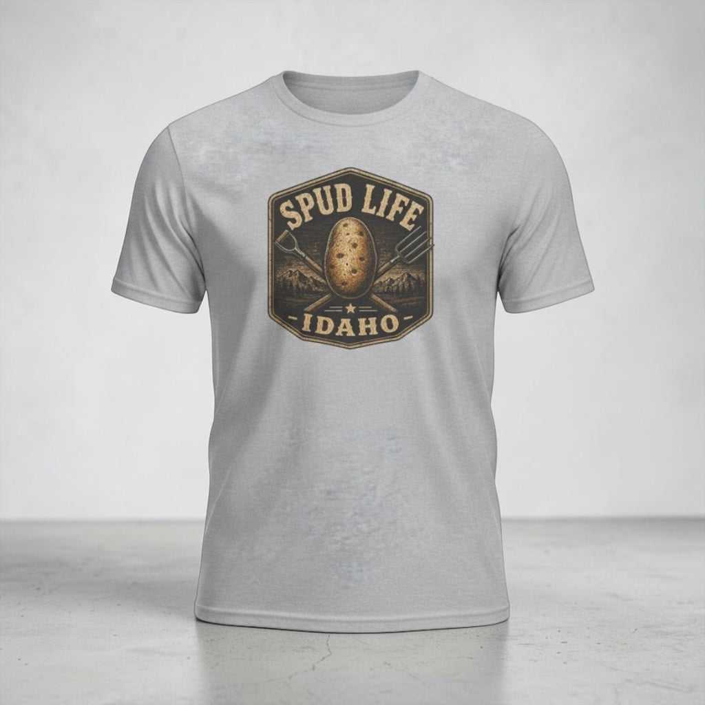 Spud Life Idaho T-Shirt with vintage potato badge design