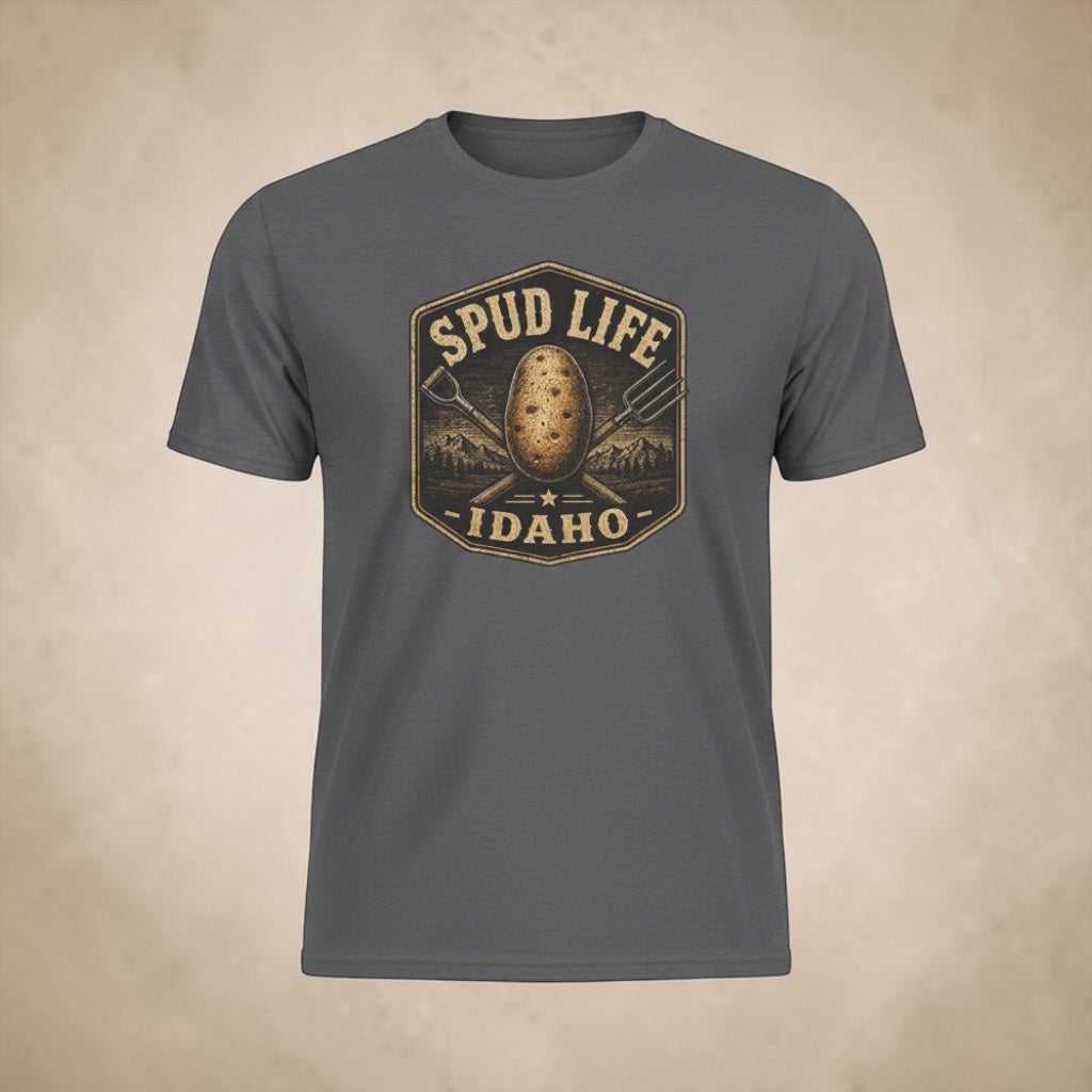 Gray T-Shirt featuring vintage Idaho potato badge graphic