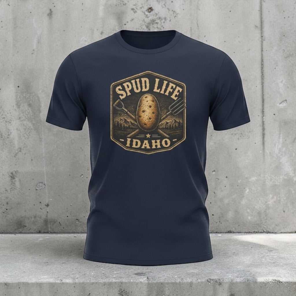 Vintage potato badge T-shirt by Big Sky Ranch Co. featuring a classic Idaho-themed design on a comfortable cotton tee.