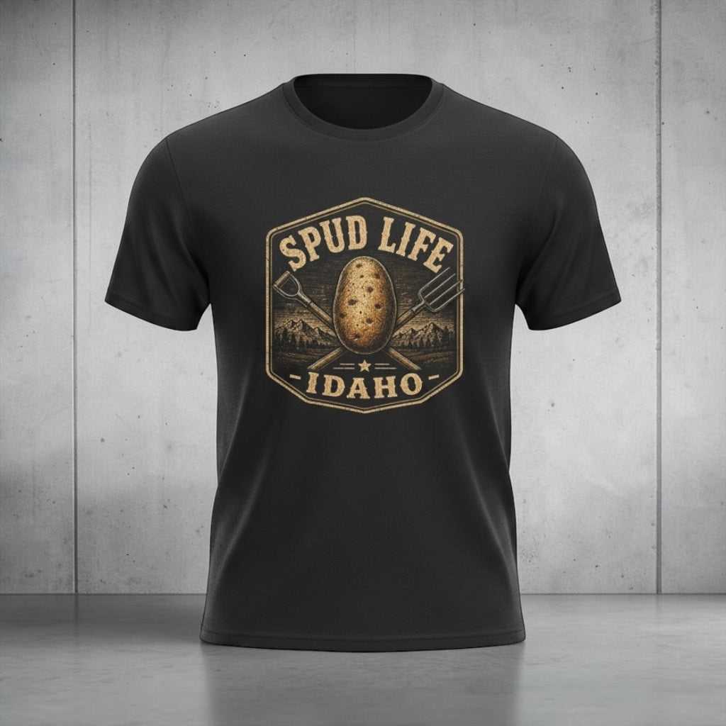 Black T-Shirt with vintage Idaho potato badge design