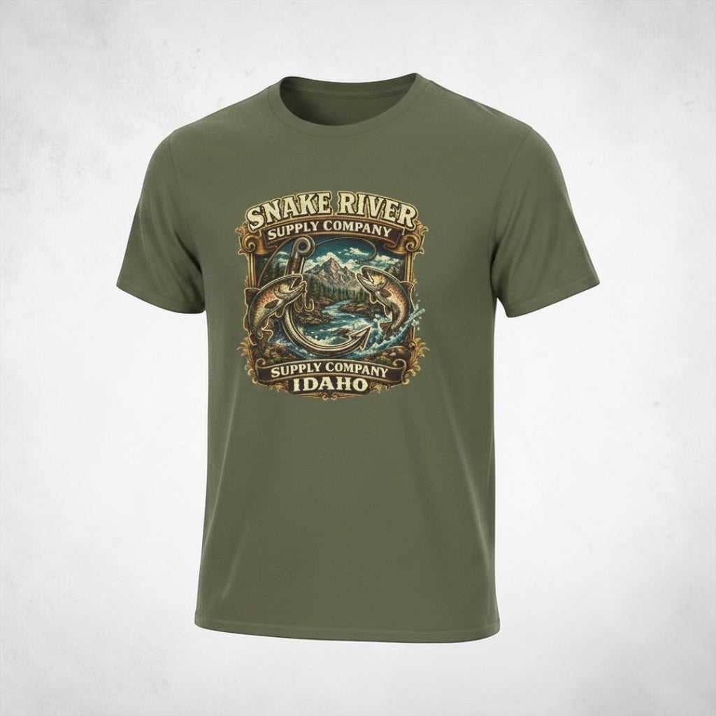 Vintage Snake River Idaho fishing T-shirt by Big Sky Ranch Co. with trout graphic, casual wear for anglers and outdoor enthusiasts.
