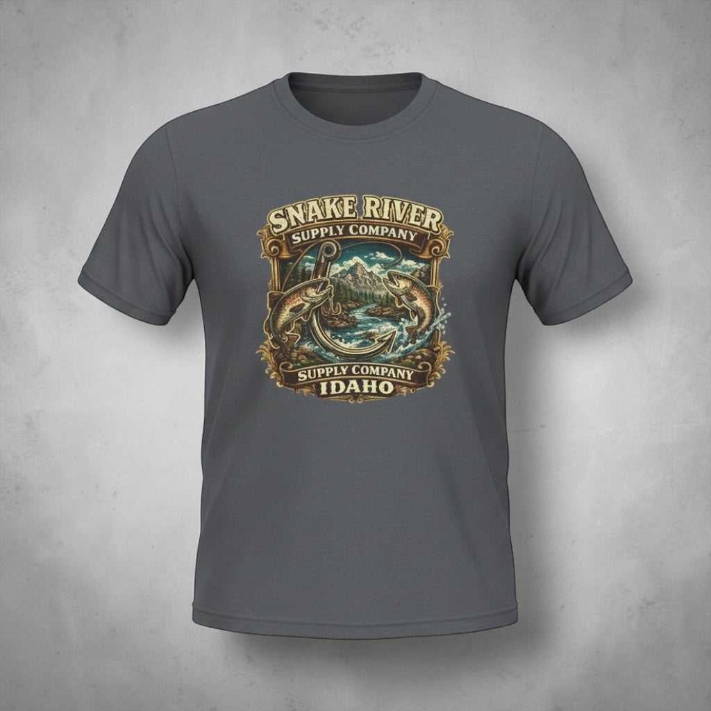 Big Sky Ranch Co. Snake River Idaho fishing T-shirt with vintage trout graphic, casual short-sleeve fishing tee for outdoor enthusiasts