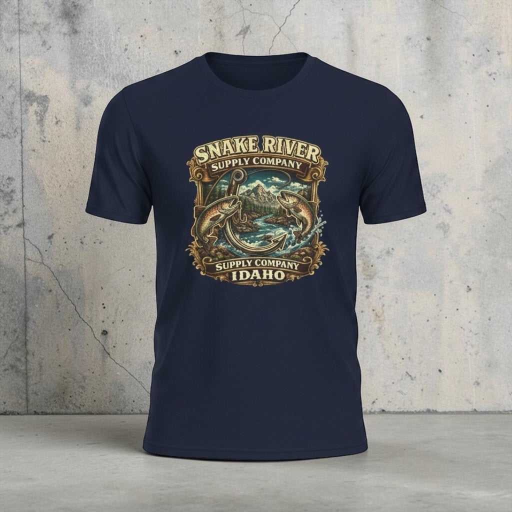 Vintage Snake River Idaho fishing T-shirt with trout graphic by Big Sky Ranch Co., casual crewneck design.