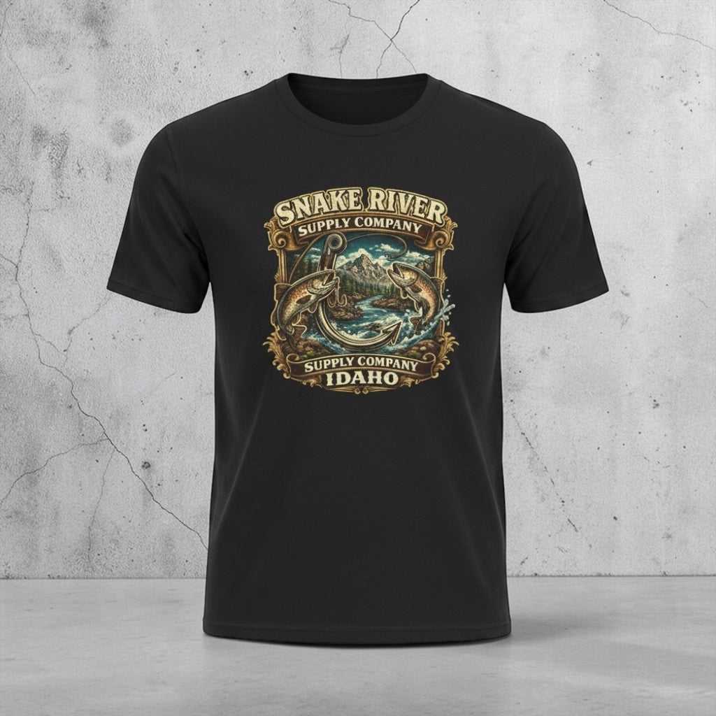 Vintage Snake River Idaho fishing T-shirt with trout graphic by Big Sky Ranch Co. featuring outdoors and fishing design.