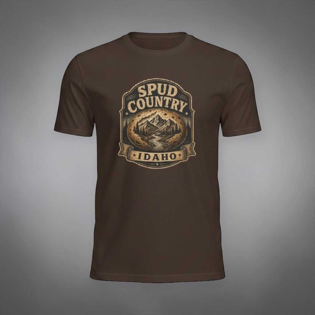 Big Sky Ranch Co. vintage Idaho Spud Country T-Shirt featuring a mountain potato badge and rustic design.