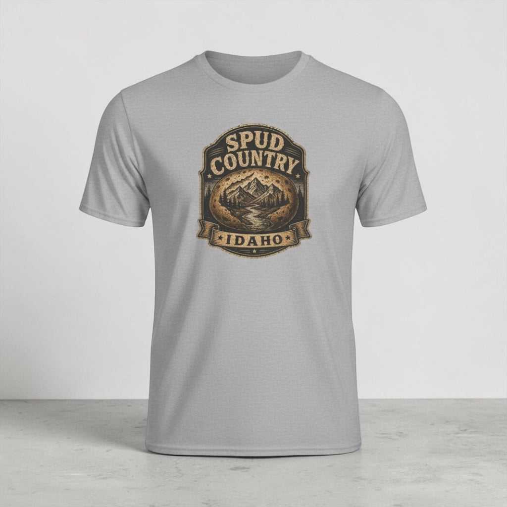Vintage Idaho Spud Country T-Shirt by Big Sky Ranch Co. featuring mountain and potato badge design on soft cotton tee.