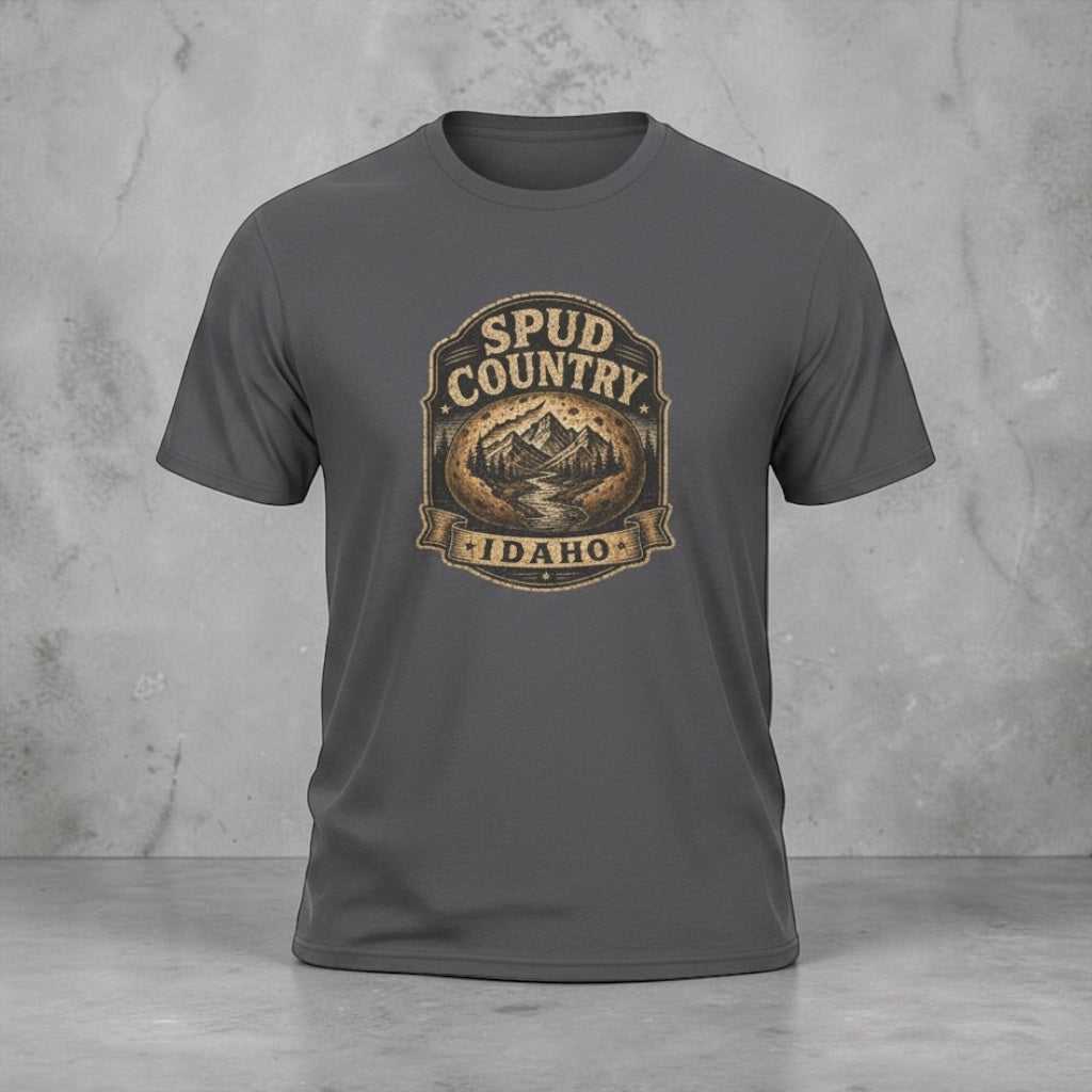 Gray T-shirt with Idaho mountain and potato badge vintage graphic