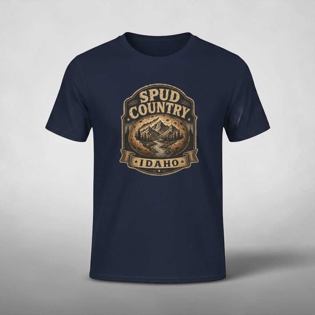 Navy T-shirt featuring vintage Idaho mountain and potato badge design