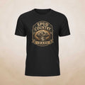 Black T-shirt with vintage Idaho mountain and potato badge graphic