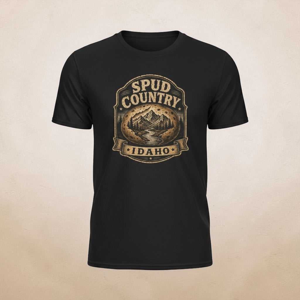 Black T-shirt with vintage Idaho mountain and potato badge graphic